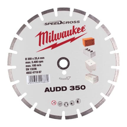 milwaukee 350 x 25.4 mm spessore di taglio 2.6 mm, altezza del segmento 10 mm consiglito per calcestruzzo e muratura.