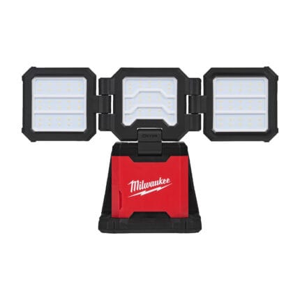 Milwaukee m18™ worksite led floodlight with 3 multi-directional battery/current heads.
